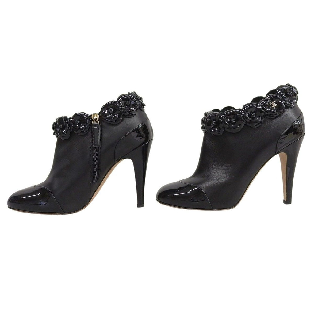 Chanel Camellia Decoration with CC Logo Patent Leather Ankle Boots Booties — view 2