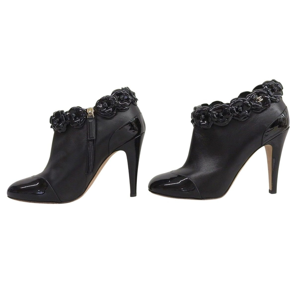 Chanel Camellia Decoration with CC Logo Patent Leather Ankle Boots Booties — view 2