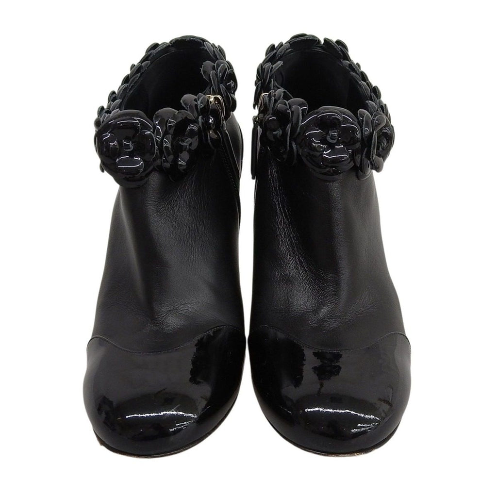 Chanel Camellia Decoration with CC Logo Patent Leather Ankle Boots Booties — view 3