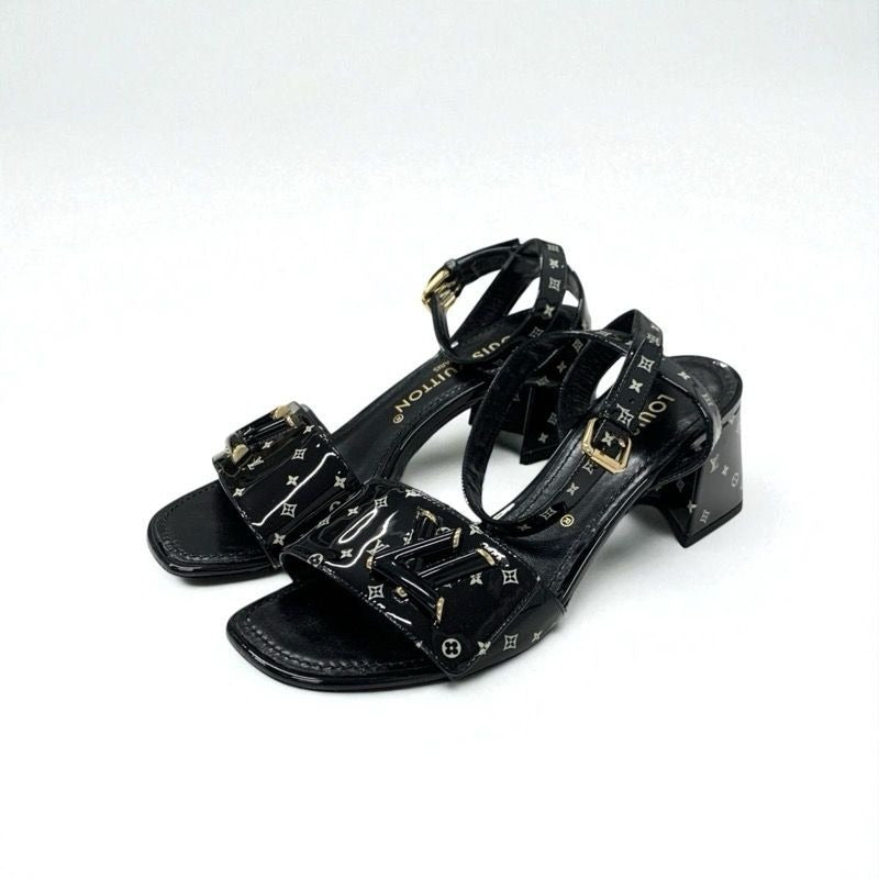 Louis Vuitton Shakeline Monogram Sandals Shoes Patent Black Gold LV Logo