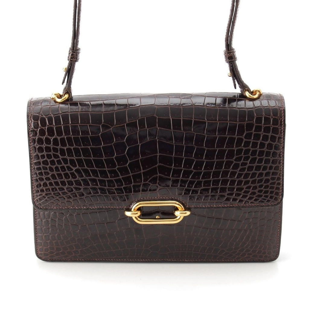 Hermes Fonzbell Croco Gold Shoulder Bag Brown