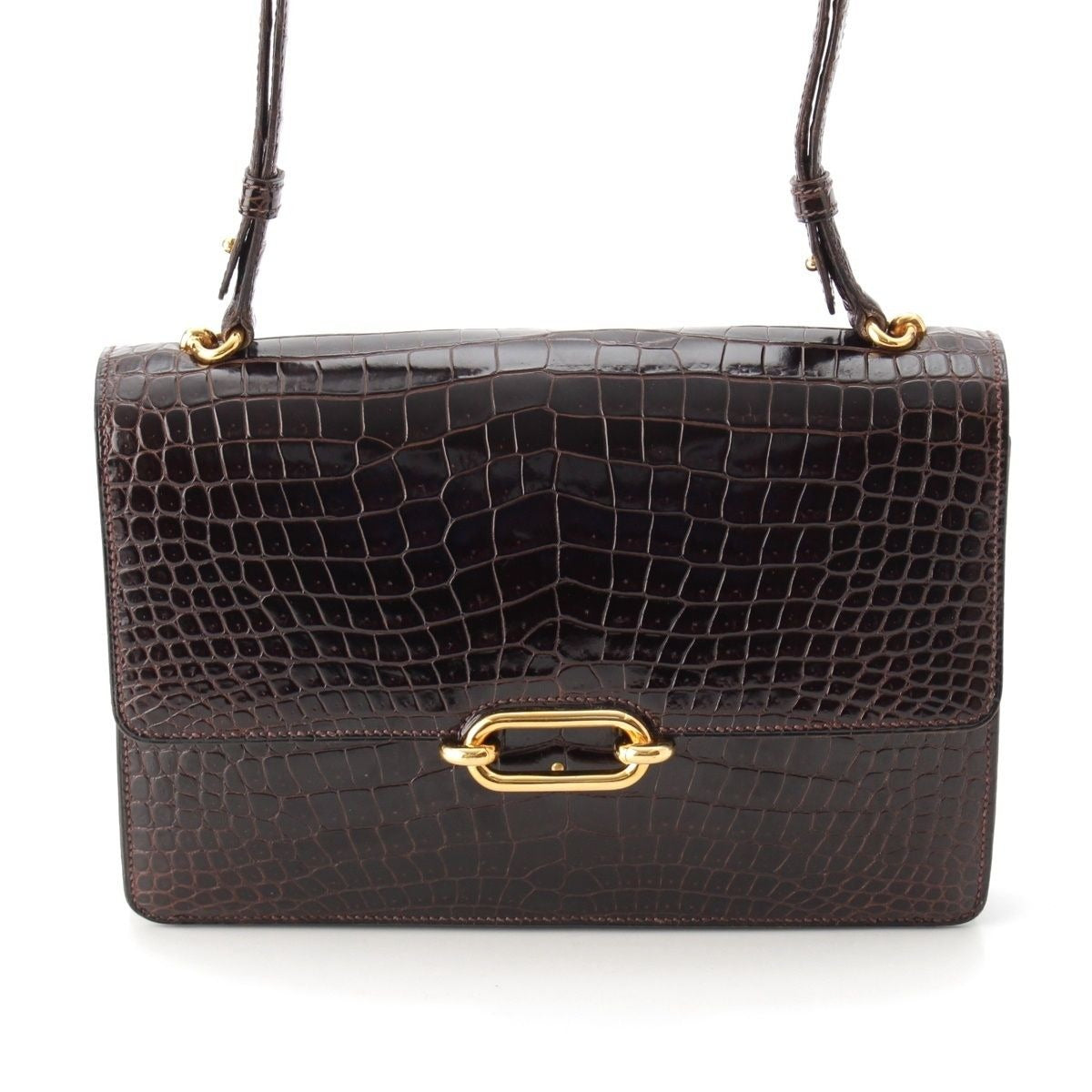 Hermes Fonzbell Croco Gold Shoulder Bag Brown