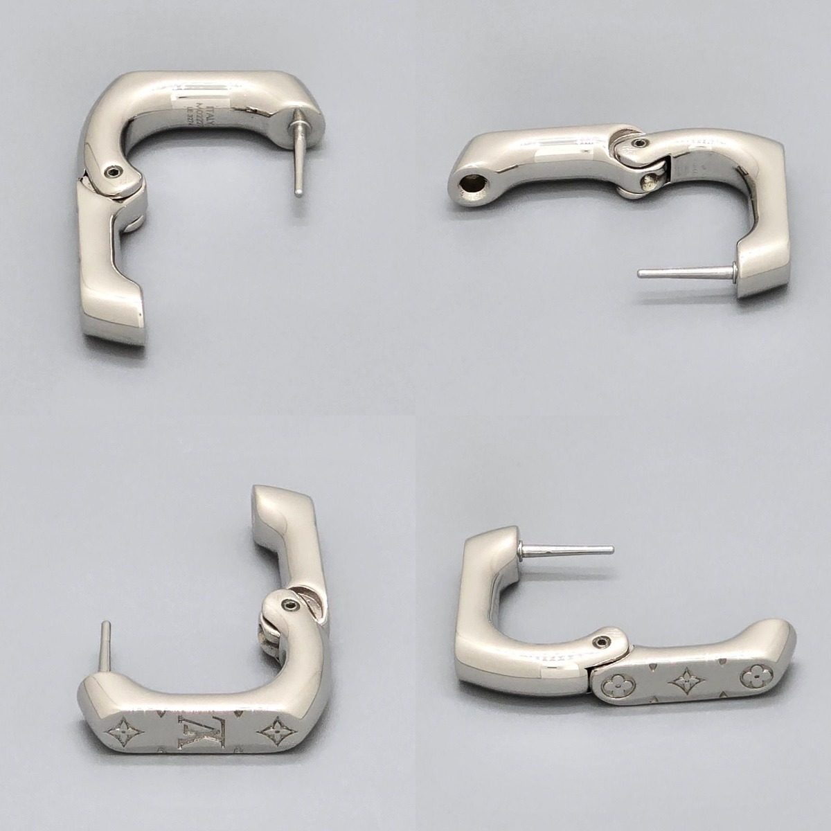Louis Vuitton Hoop Earrings Monogram Chain Single Ear Silver Color Meta Hinge — view 3