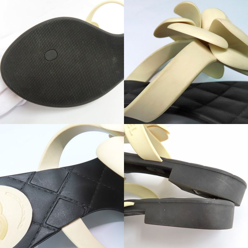 Chanel Camellia Beach Sandals Flat Heel 35 Black White Rubber Thong — view 8