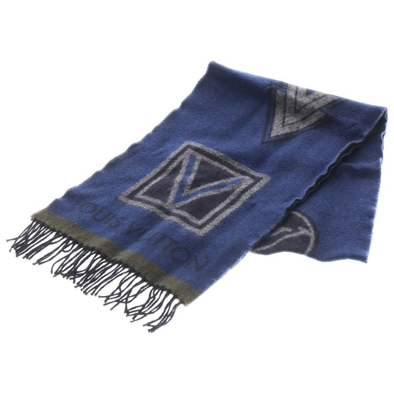 Louis Vuitton Echarpe Sticker Cashmere Blend Wool Scarf Shawl Blue