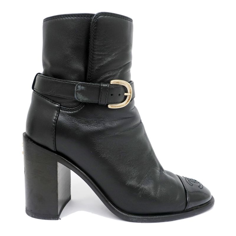 Chanel Ankle Boots 34 1 2 C Black Leather Patent CC Mark Shoes — view 4