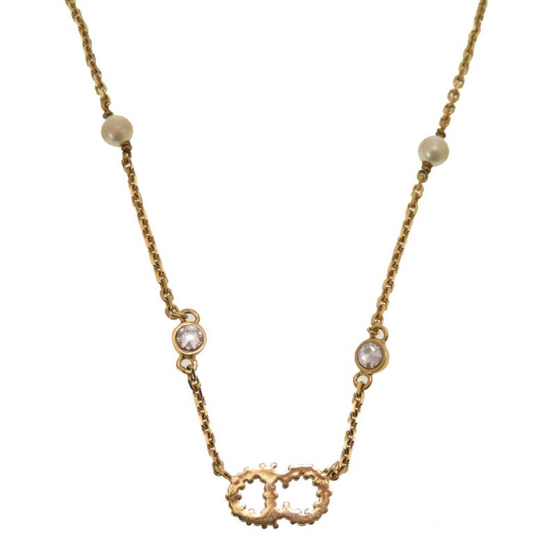 Christian Dior CD Logo Clairdlune Stone Faux Pearl Gold Necklace Accessory 0167 — view 3