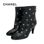 Chanel Boots Short Shoes Leather Patent Black Gold Coco Mark Icon Logo