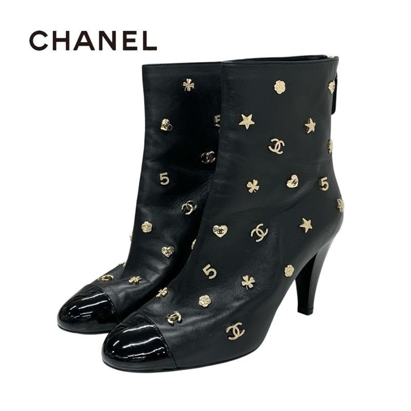 Chanel Boots Short Shoes Leather Patent Black Gold Coco Mark Icon Logo