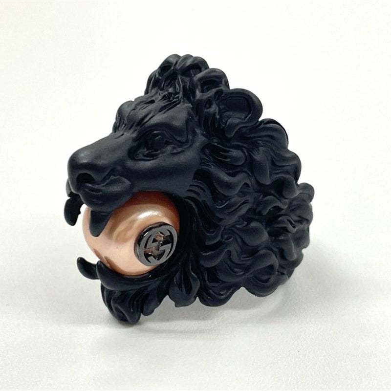 Gucci Michele Period Lion Head Interlocking G Logo Ring No 13 Metal Black — view 2