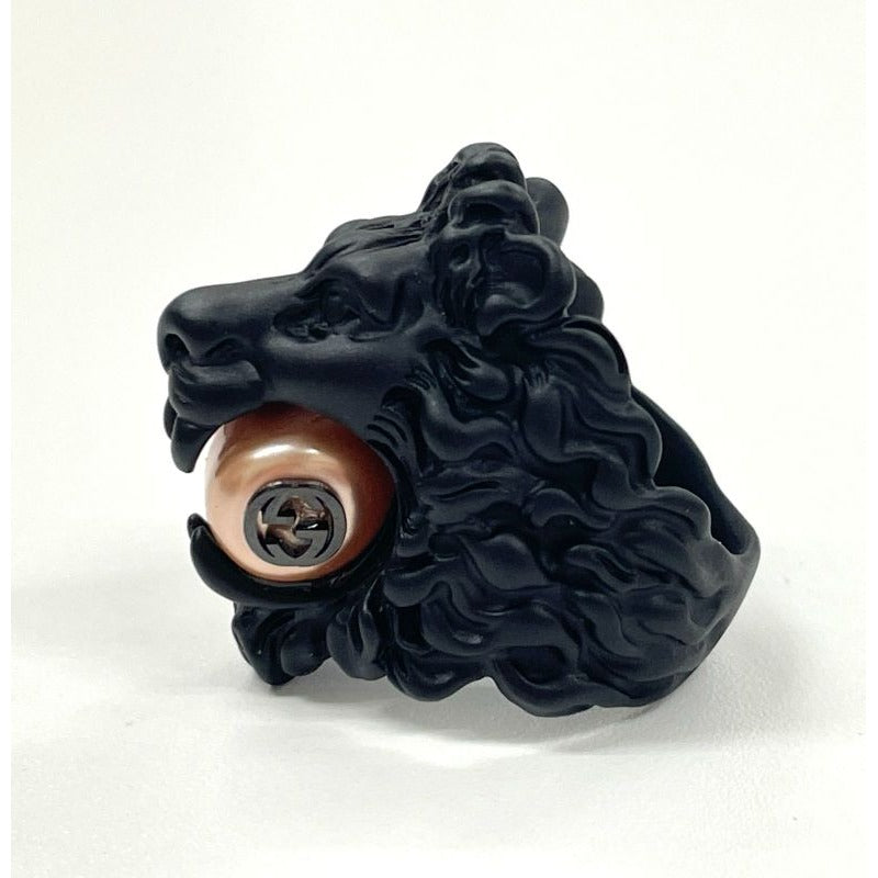 Gucci Michele Period Lion Head Interlocking G Logo Ring No 13 Metal Black — view 3