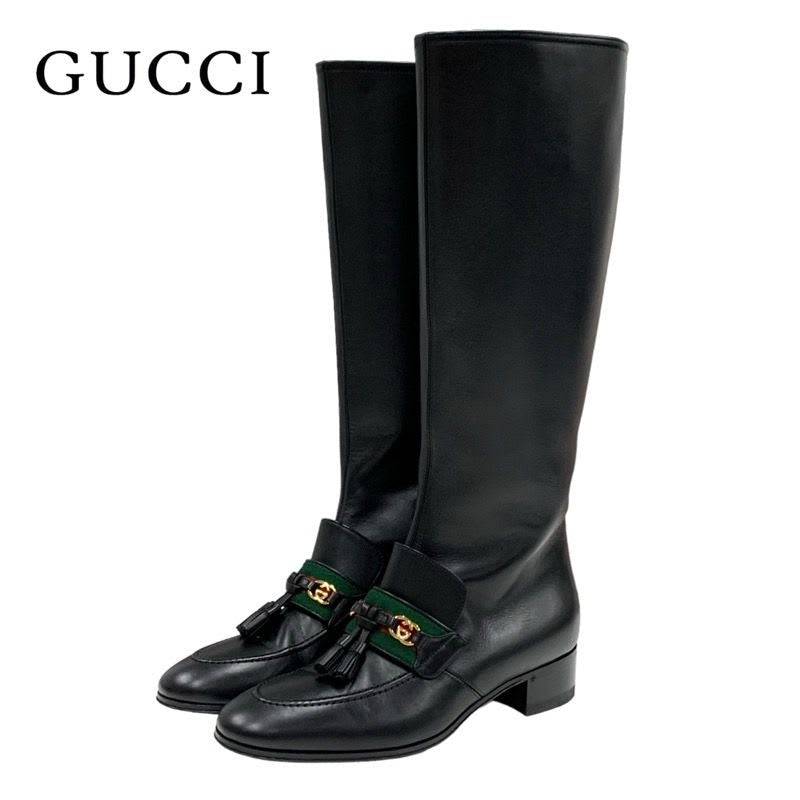 Gucci Boots Long Shoes Leather Black Gold Tassel Sherry Line