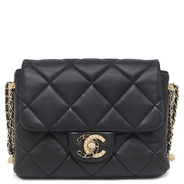 Chanel Shoulder Bag Quilted Pearl CC Logo Lambskin Black Vintage Chain