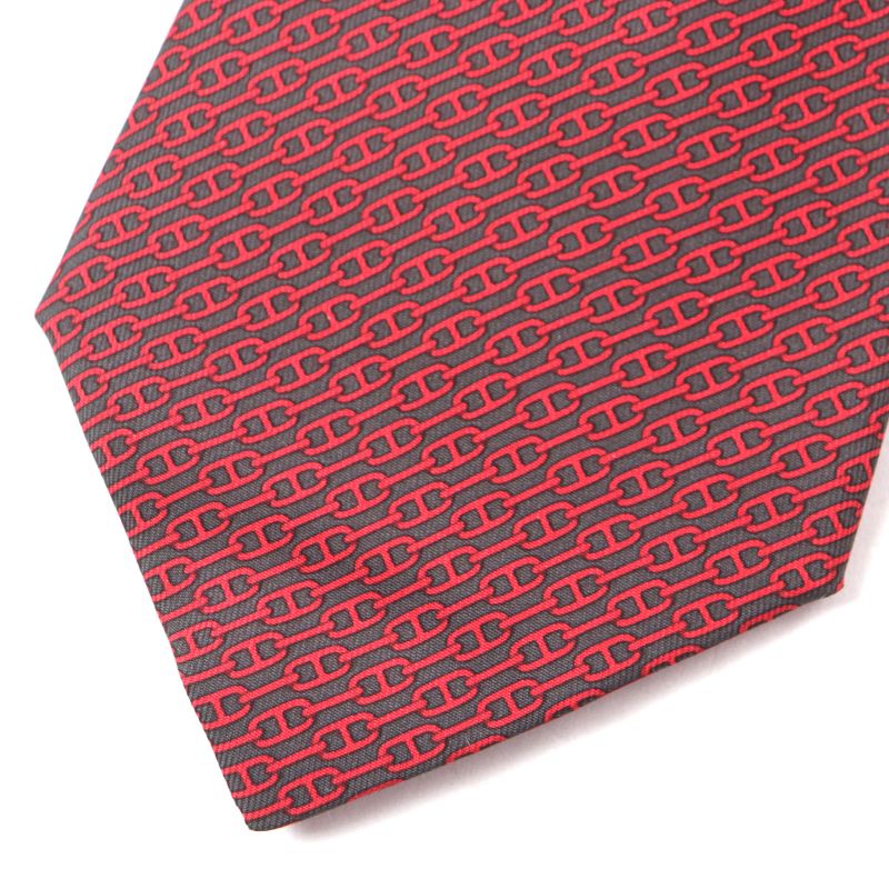 Hermes 5261 100% Silk Anthracite Rouge Cravat Chaine D'ancre Patterned Tie — view 3