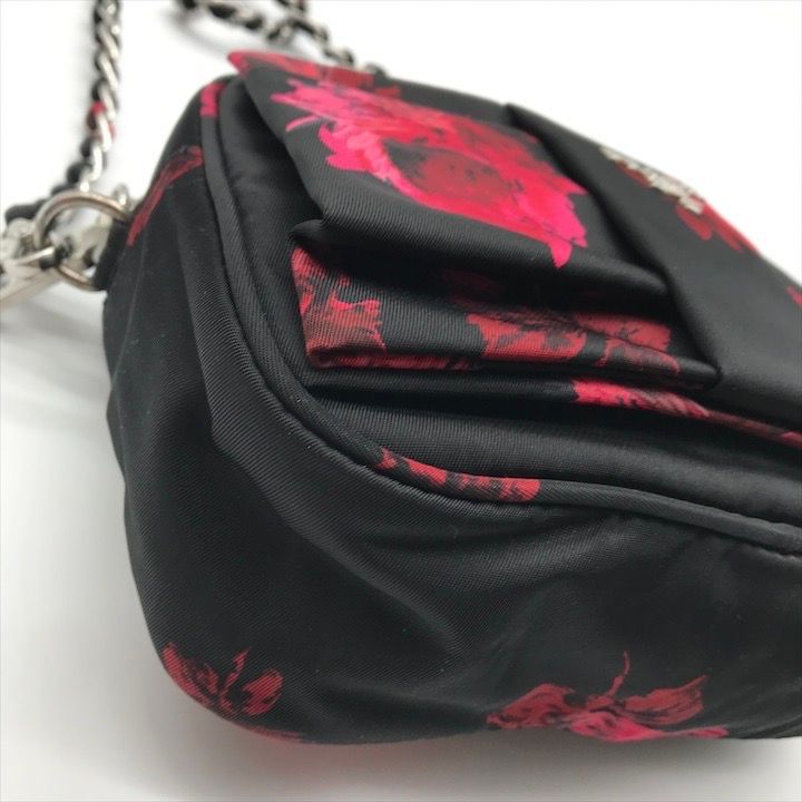 Prada Nylon Tessuto Logo Flower Floral Pattern Mini Chain Shoulder Pouch Black — view 5