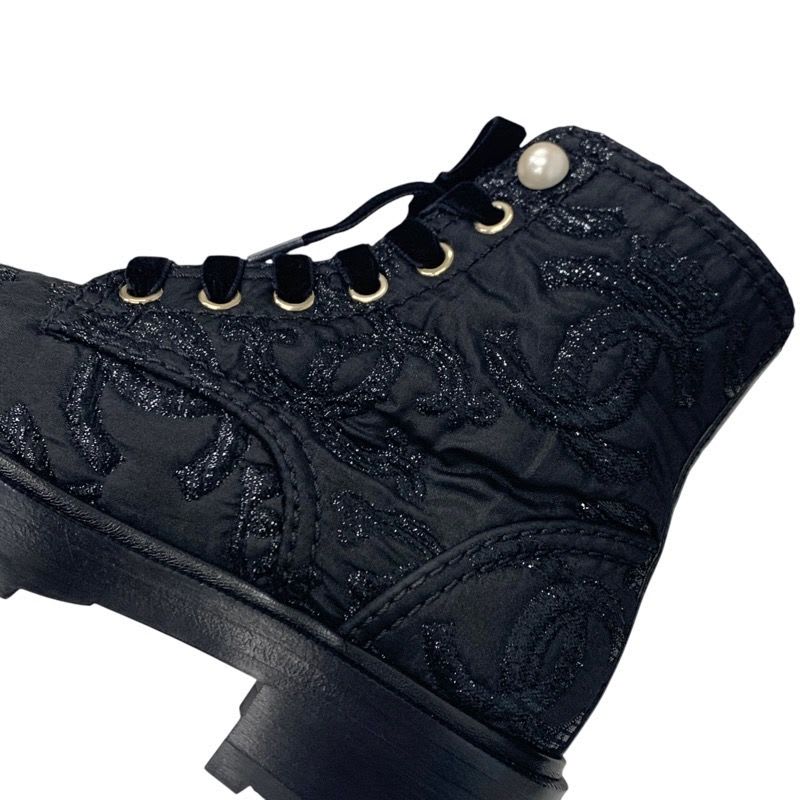 Chanel Boots Short Shoes Fabric Black Coco Mark Lace Up Pearl — view 8
