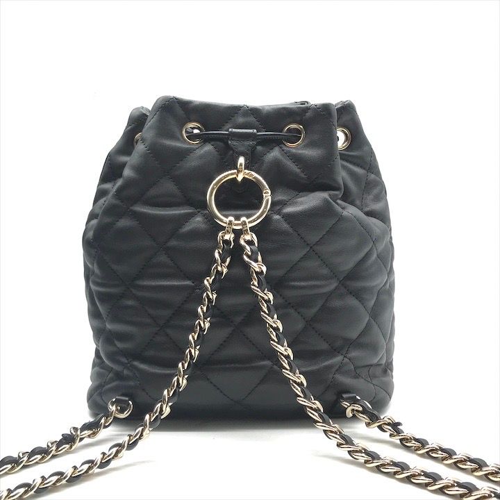Chanel Quilted Lambskin CC Logo Drawstring Chain Backpack Pack Black — view 3