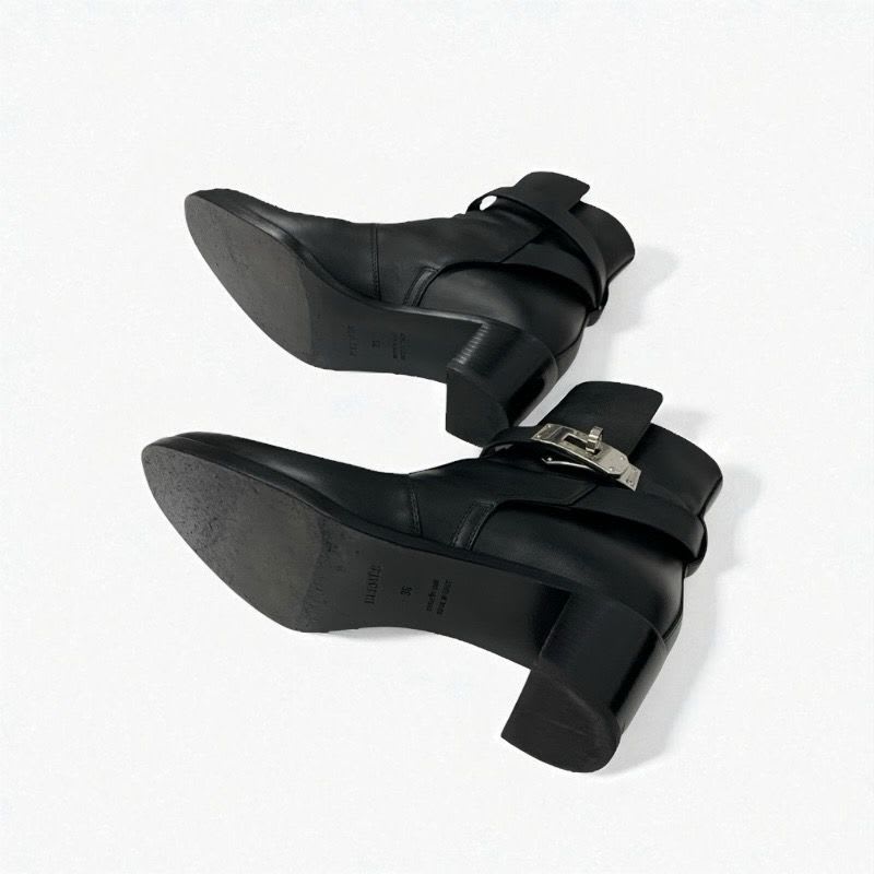 Hermes Frenchie Boots Short Shoes Leather Black Silver Kelly Hardware — view 6