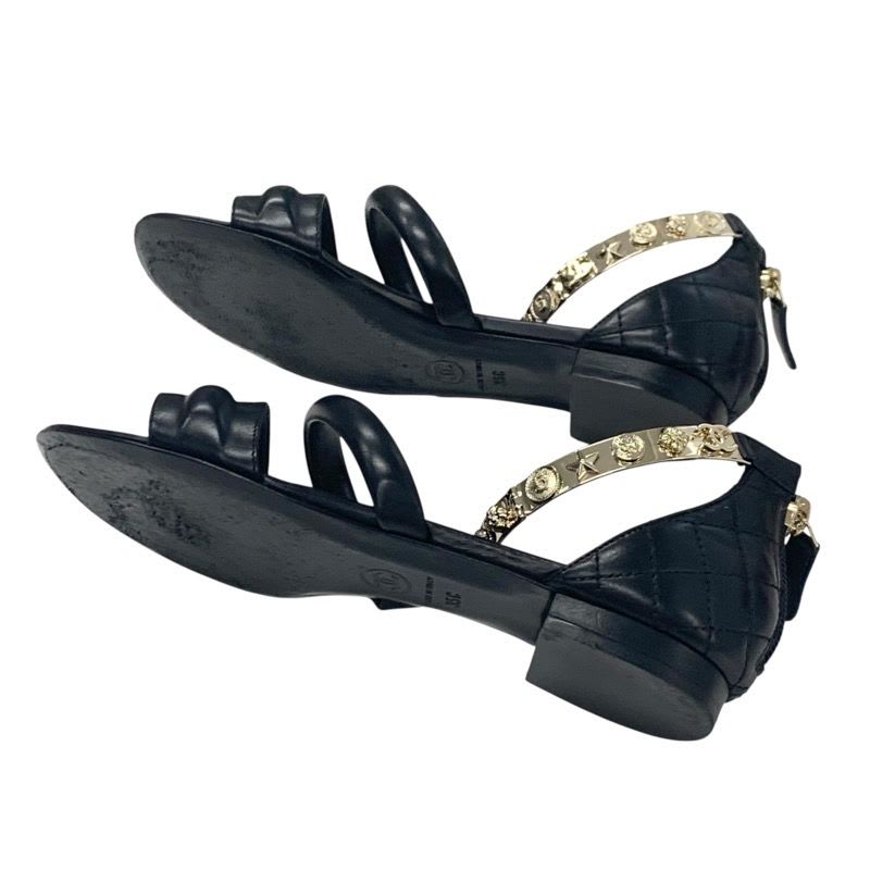 Chanel Sandals Shoes Leather Black Gold Coco Mark Icon Metal Strap Quilted — view 6