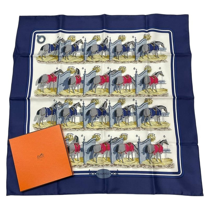 Hermes Silk Scarf Carre 90 Ecuries Stable Navy Box