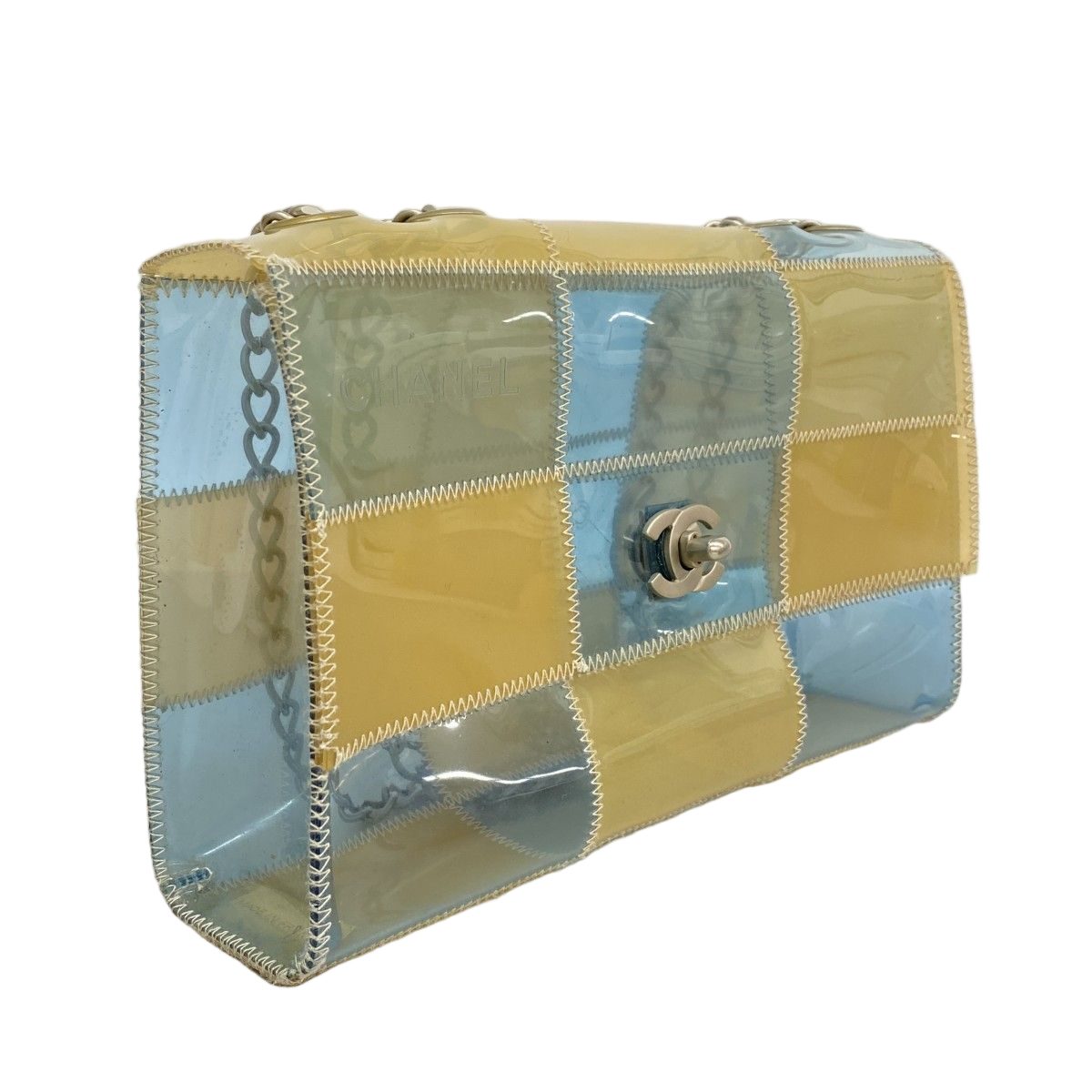 Chanel Shoulder Bag Chocolate Bar Vinyl Beige Blue Silver — view 2
