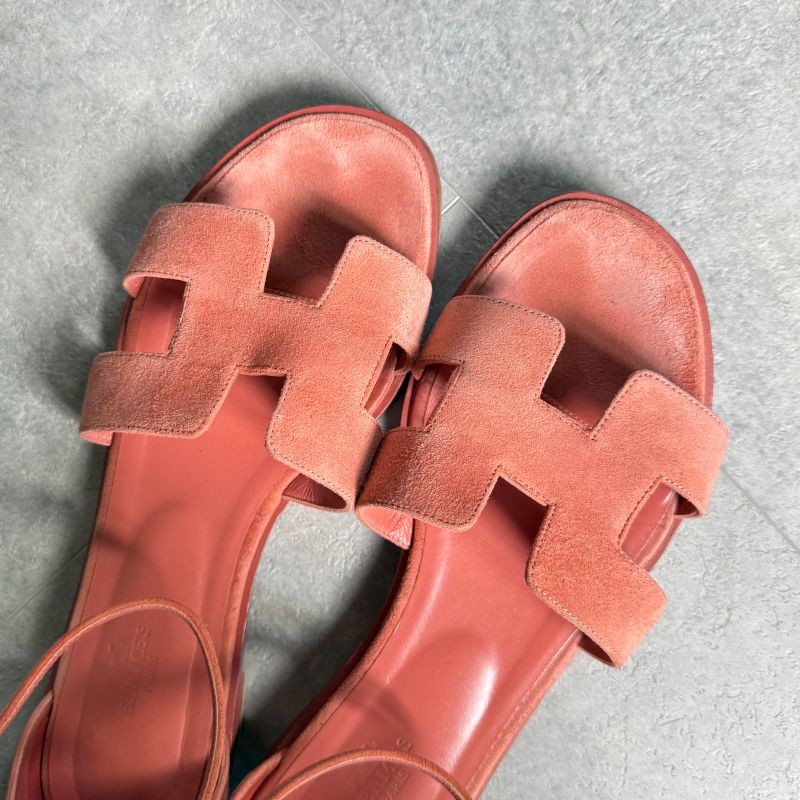 Hermes Santoni Strap Sandals Flat Shoes Coral Orange Suedeleather 38 — view 3