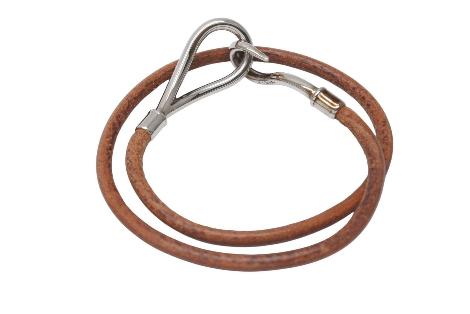 Hermes Jumbo Choker Necklace Bracelet Leather Brown Silver — view 3