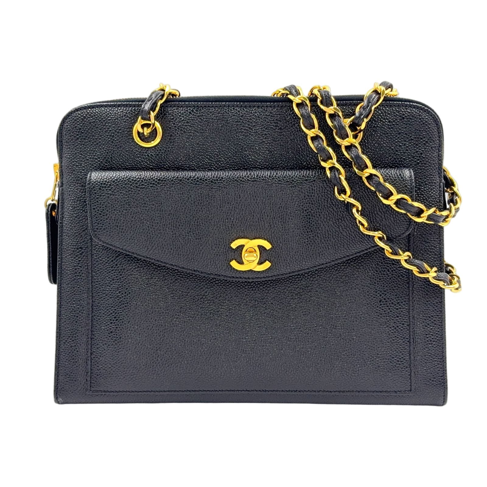 Chanel Caviar Leather CC Logo Black Chain Shoulder Bag Gold