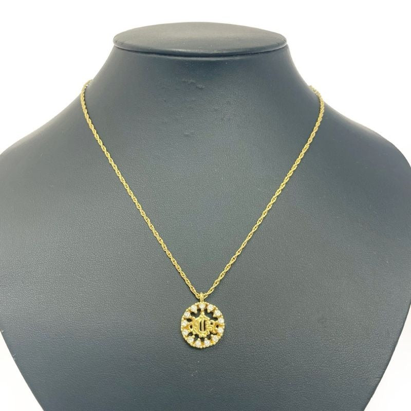 Dior GP Rhinestone Logo Emblem Round Necklace Gold