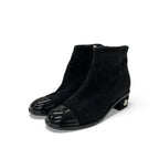 Chanel Short Boots Shoes Suede Patent Black Silver CC Logo Charm Ankle