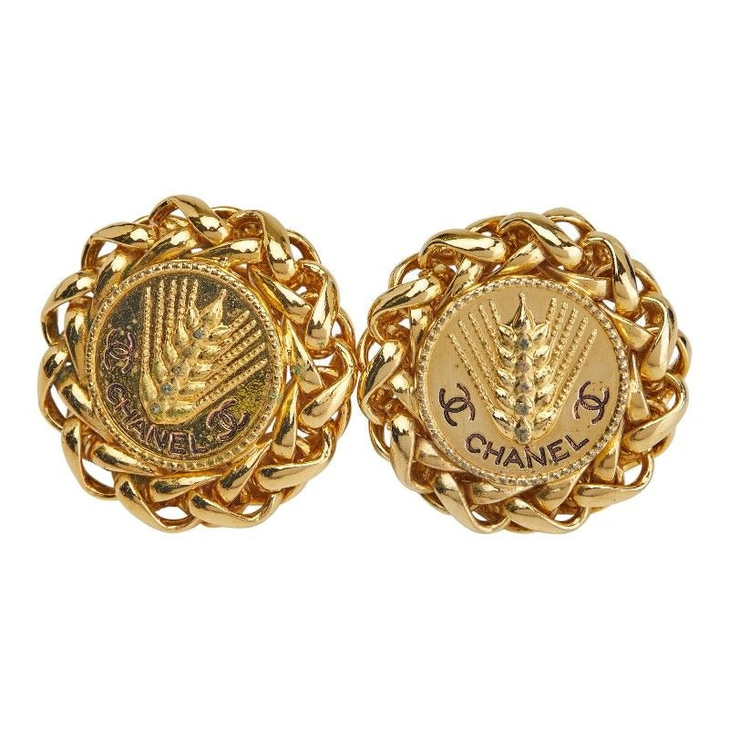 Chanel Coco Mark Earrings Round Barley Ear of Rice Motif Gold Plated — view 2