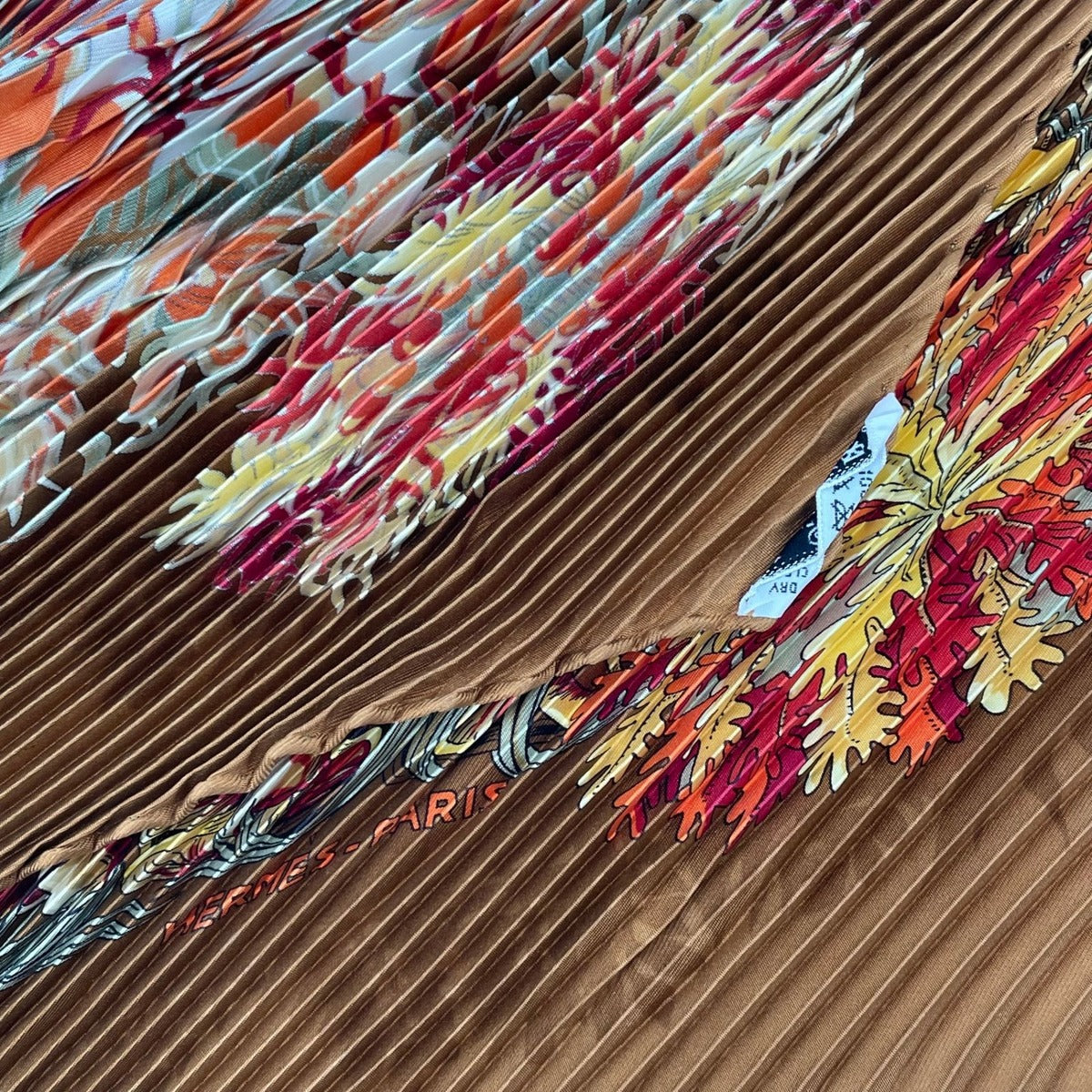 Hermes Scarf Pleated Silk Plant All Over Pattern Brown — view 7