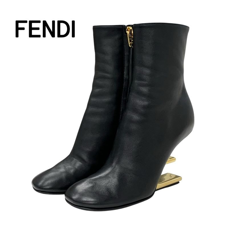 Fendi First Boots Short Shoes Leather Black Gold F Logo