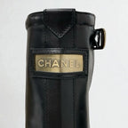 Chanel Boots Long Shoes Leather Patent Black Gold Logo — view 8