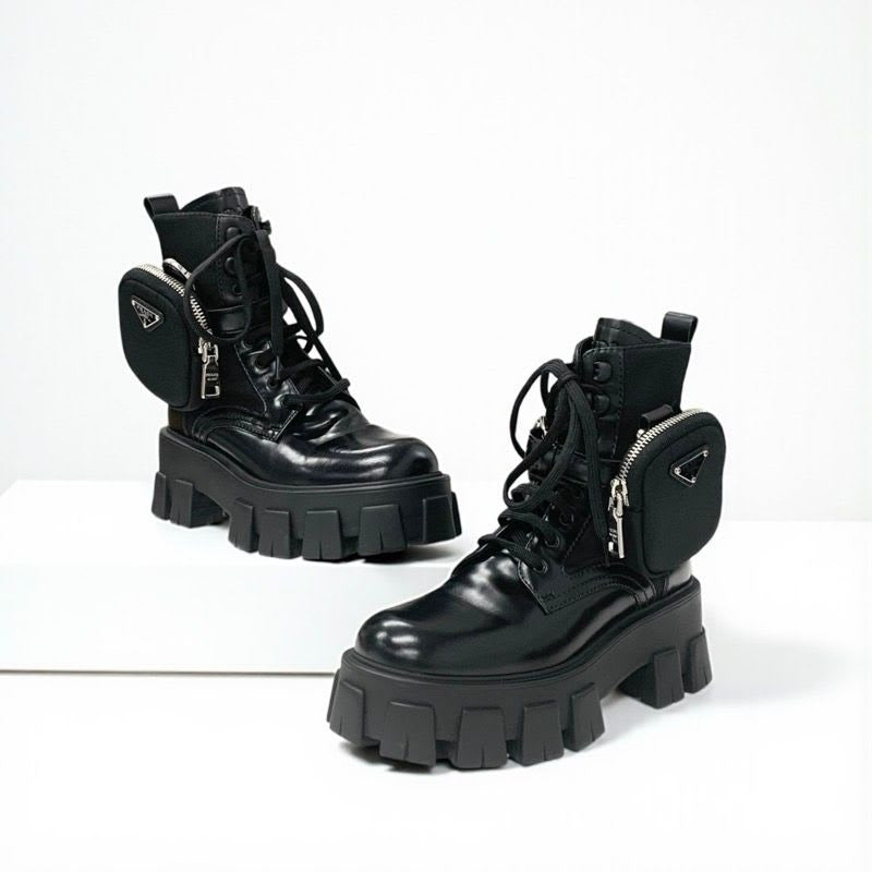 Prada Monolith Boots Short Shoes Leather Nylon Black With Pouch Triangle