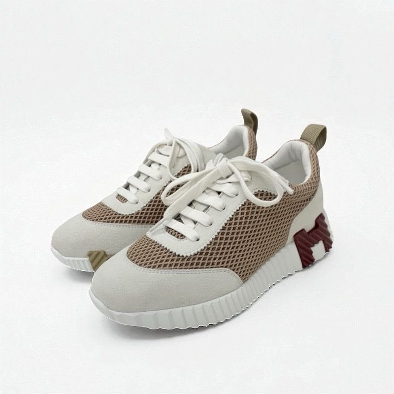 Hermes Bouncing Sneakers Shoes Fabric Suede Beige White