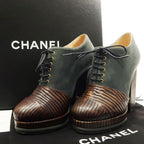 Chanel Booties Chunky Heel 14 A C7257 Lace Up 36 Leather Wood-like