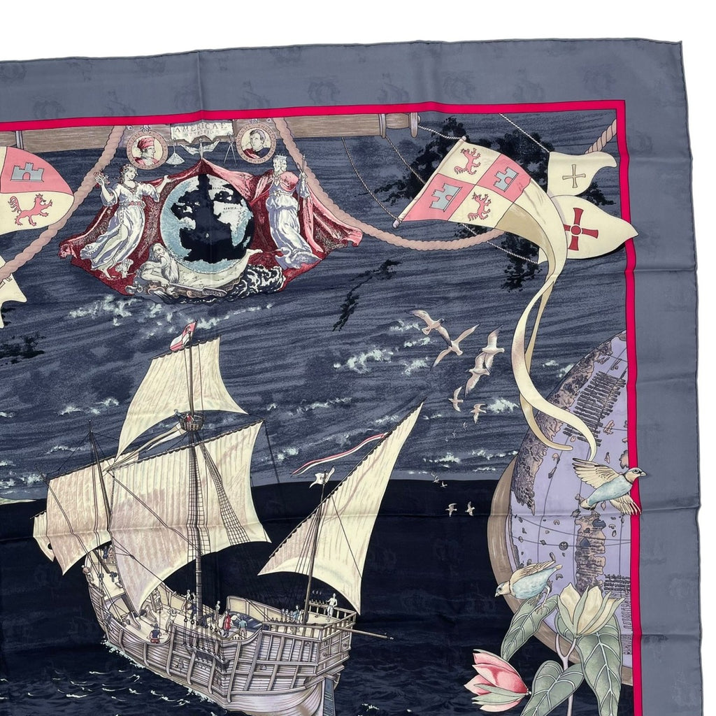 Hermes Scarf Silk Carre 90 Christophe Colomb Decouvre L'amerique 12 Octobre — view 3