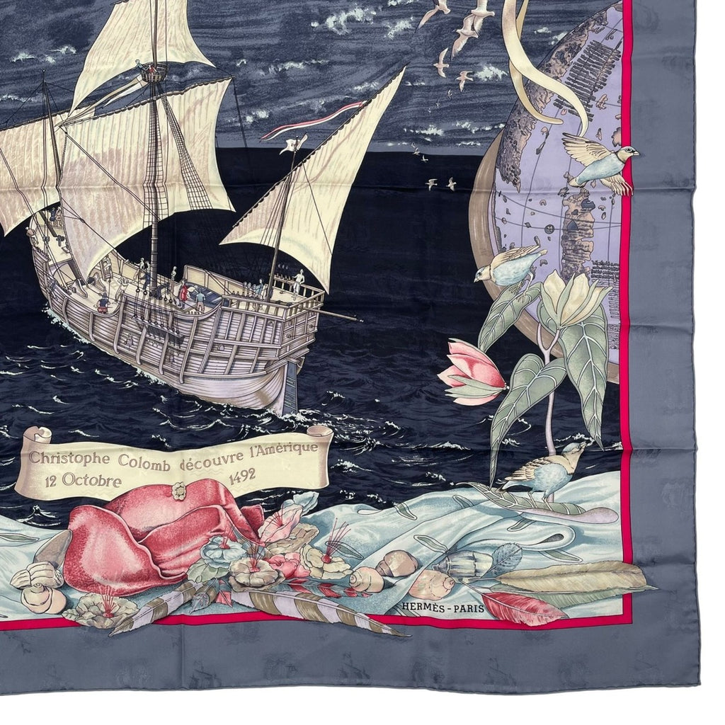 Hermes Scarf Silk Carre 90 Christophe Colomb Decouvre L'amerique 12 Octobre — view 5