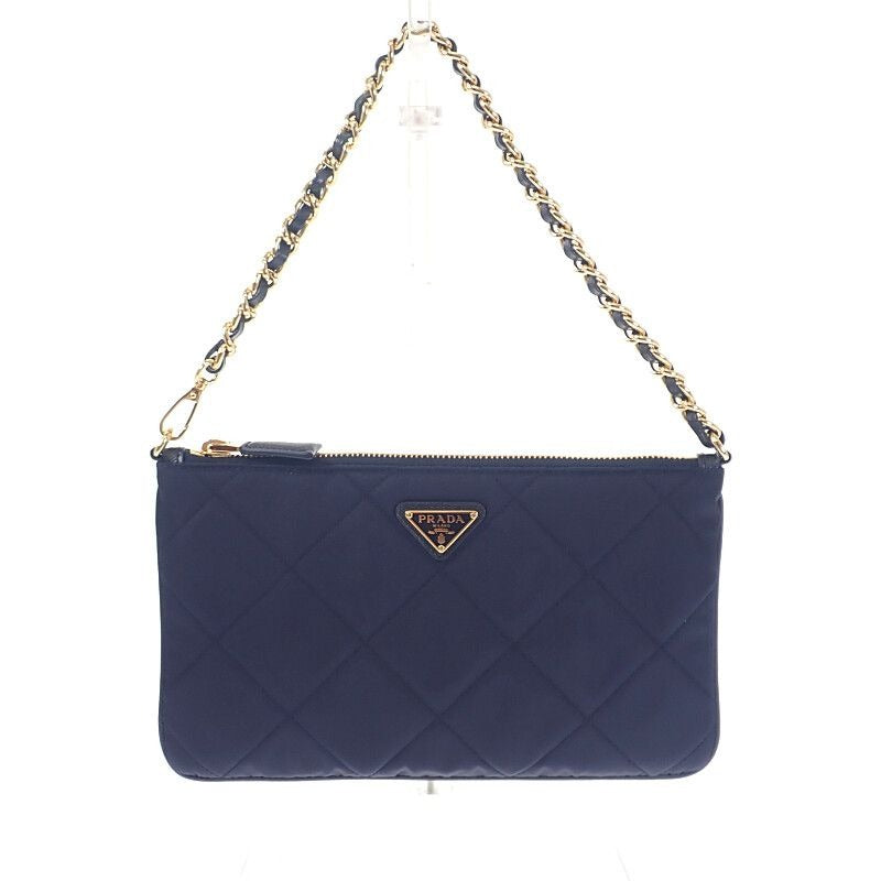 Prada Chain Shoulder Bag 1 Ni054 Handbag Tessuto Impuntu Nylon Navy Leather