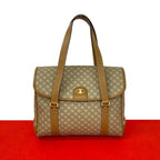 Celine Vintage Macadam Blason Logo Pattern Leather Handbag Mini Tote Brown Beige