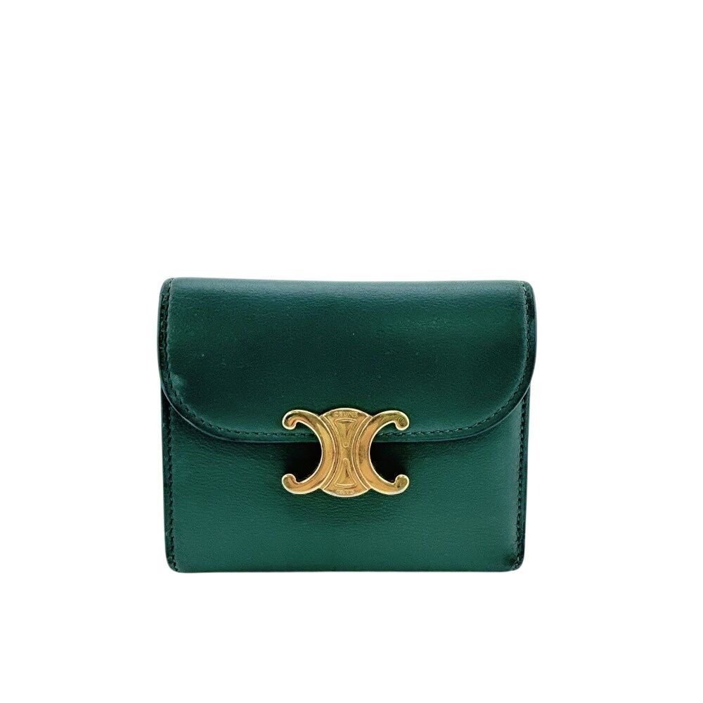 Celine Compact Wallet Small Flap Triomphe Leather Trifold Green