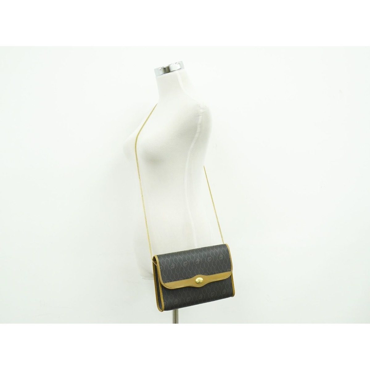 Dior Honeycomb Pattern Chain Shoulder Bag Pochette Black Brown — view 6
