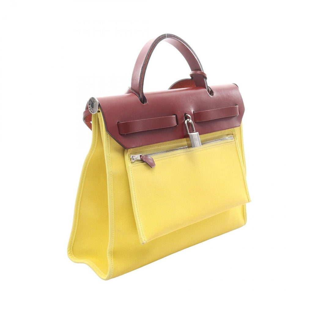 Hermes Handbag Herbag Zip PM Lime Canvas Leather Bag Yellow — view 2