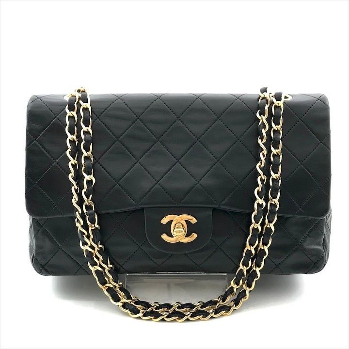Chanel CC Logo Quilted 25 Double Flap Chain Lambskin Shoulder Bag Black