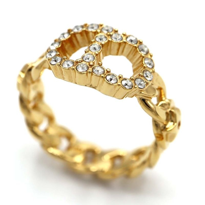 Christian Dior Ring Clair D Lune Rhinestone Gold Color M 12.5