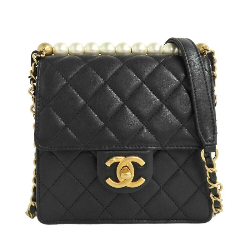 Chanel Flap Bag With Faux Pearl Chain Shoulder Quilted Black