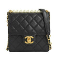 Chanel Flap Bag With Faux Pearl Chain Shoulder Quilted Black