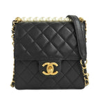 Chanel Flap Bag With Faux Pearl Chain Shoulder Quilted Black