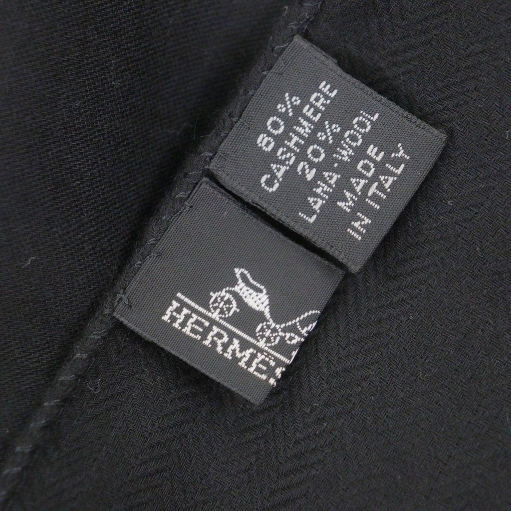 Hermes Cashmere Wool H Logo Large Scarf with Fringe Shawl Black — view 5